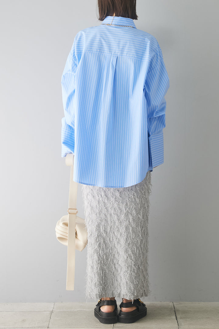 [SET]ストライプビッグカフスオーバーサイズシャツ+フリンジタイトスカート(2set)